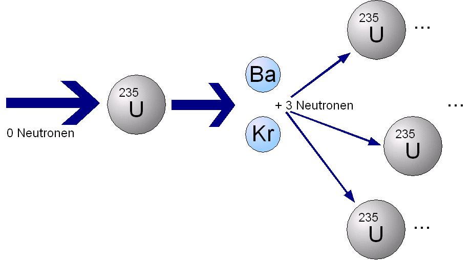 Prinzip der Kettenreaktion beim Kernspaltungsprozess in einem Leichtwasser-Reaktor: Ein Neutron trifft auf einen Uran-235-Kern und lagert sich dort an. Es entsteht das instabile Isotop Uran-236, was kurz darauf in Spaltprodukte mit leichteren Kernen und zwei bis drei Neutronen unter hoher Energieabgabe zerfällt. Damit eine kontrollierte Kettenreaktion in einem Kraftwerksreaktor möglich wird, müssen die freiwerdenden Neutronen durch einen Moderator (in deutschen Kraftwerken: Wasser) gebremst werden.